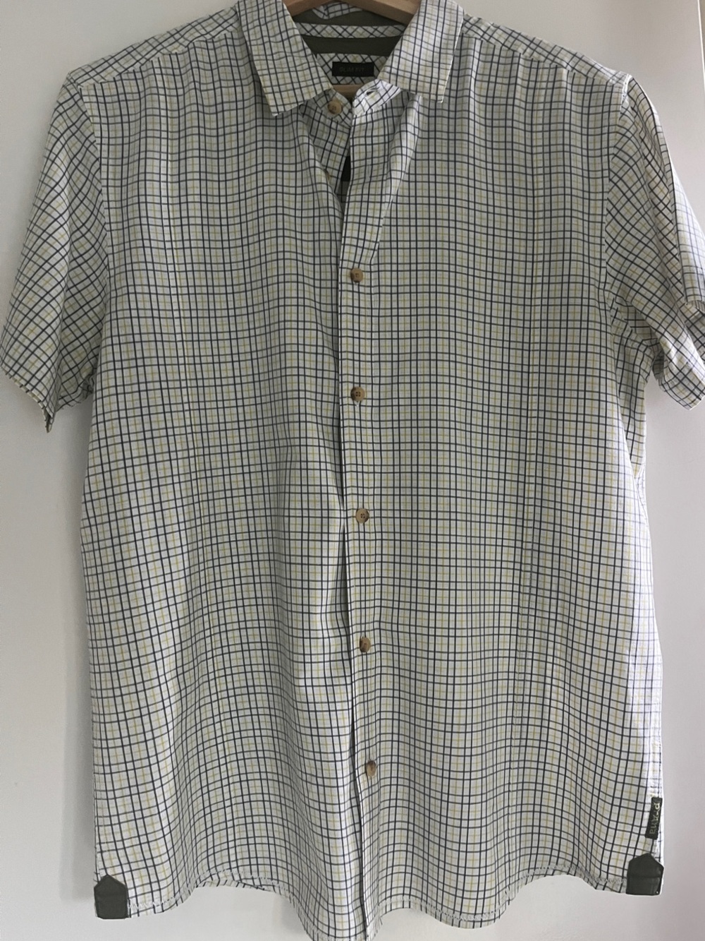Prana Men's Short-Sleeve White Shirt with grey Grid " Slim fit"